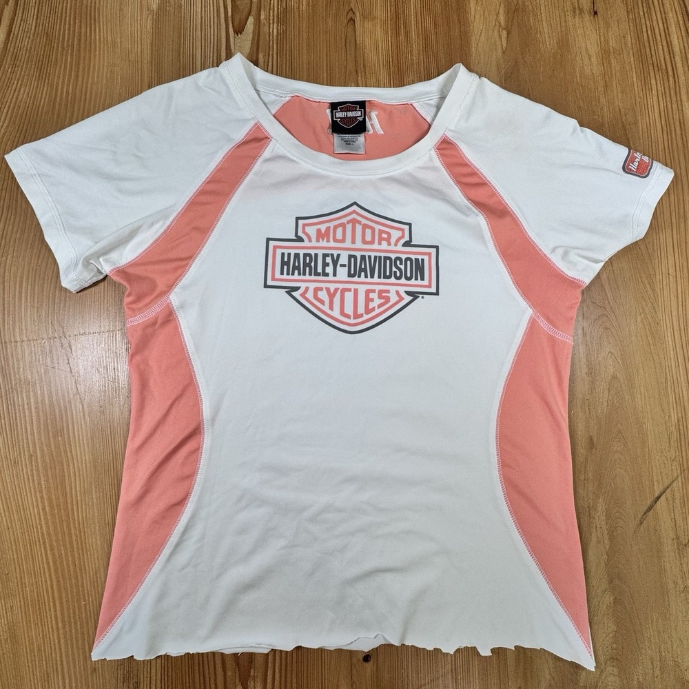 Harley-Davidson Performance T-Shirt Women Large White Coral Grand Cayman V-Neck